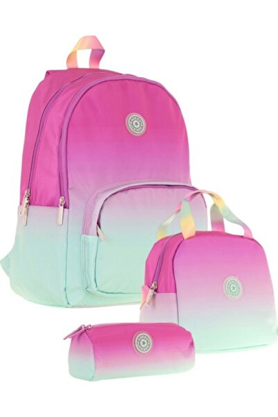 KAUKKO Rainbow Pembe Yeşil Renk Geçişli Kız Çocuk Üçlü Ilkokul ve Ortaokul Çanta Seti