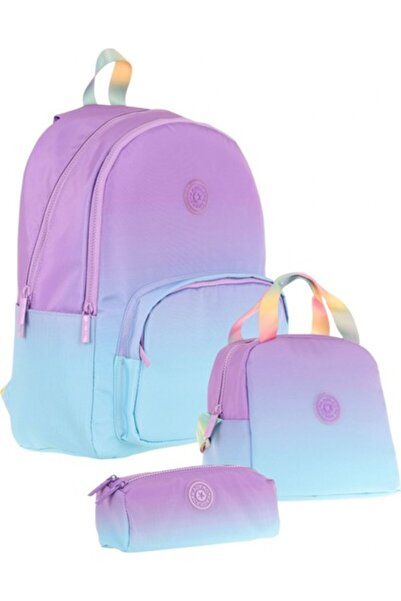KAUKKO Rainbow Pembe Yeşil Renk Geçişli Kız Çocuk Üçlü Ilkokul ve Ortaokul Çanta Seti