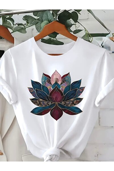 Deocept LOTUS ÇİÇEĞİ BASKILI OVERSİZE BİSİKLET YAKA T-SHİRT