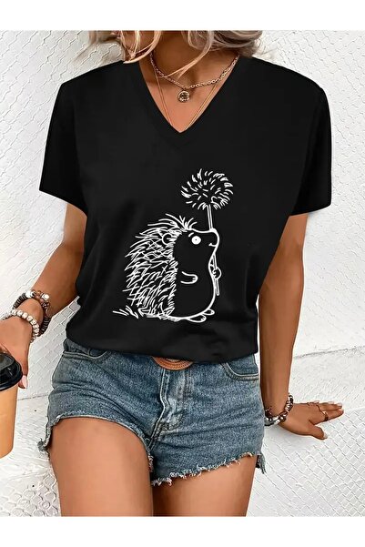 mercoledi Oversize V-Neck T-Shirt with Crow Printed for Women