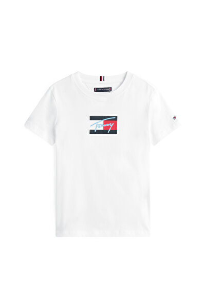 Tommy Hilfiger Men White Tommy Script Flag Print Short Sleeve T-Shirt