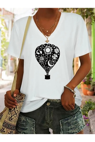 Deocept TRICOU DE DAMĂ OVERSIZE CU GULER ÎN V CU BALON ZBURĂTOR