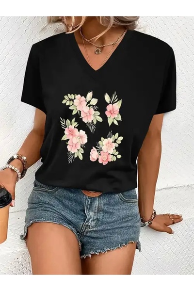 Deocept Flower Printed Women's Oversize V-Neck T-Shirt