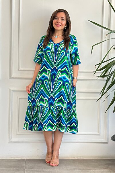 yb yağmur butik Short Sleeve Viscon Dress with Side Pocket Detail and Ruffle Hem