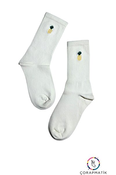 çorapmatik Ananas Desenli %100 Pamuk Yeşil Nakışlı Tenis Çorap