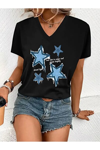 Deocept Blue Hearts Printed Women's Oversize V-Neck T-Shirt