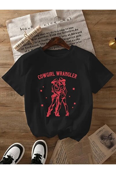 mercoledi TRICOU OVERSIZE CU GULER ROTUND SIMPLU CU IMPRIMEU COWGIRL