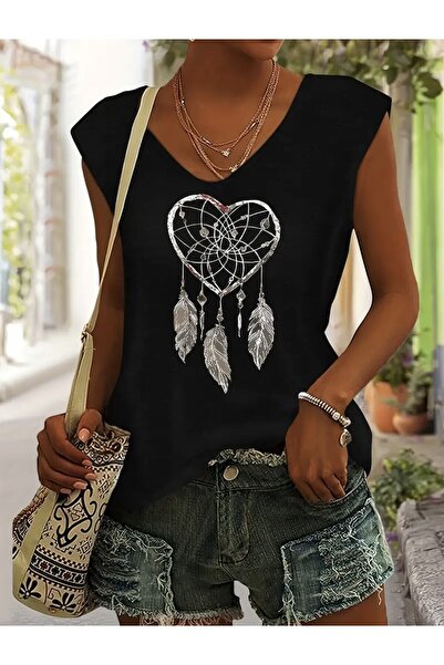Deocept Bohemian Heart Printed Women's Oversize Sleeveless T-Shirt