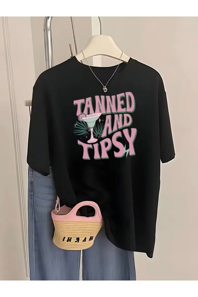 Deocept Tanned and Ti̇psy Printed Oversize Circleneck T-Shirt