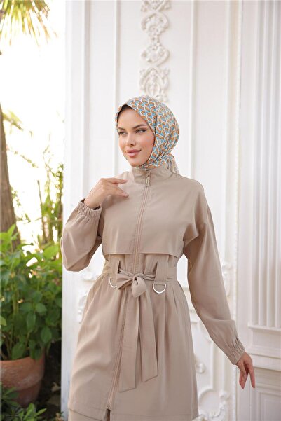 Genel Markalar Balıkçı Yaka Belden Bağcıklı Fermuarlı İkili Tesettür Eşofman Takımı - (38-46) - 71301 - Bej