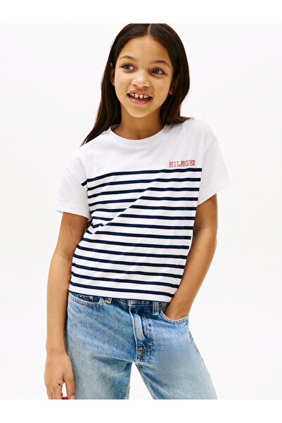 Tommy Hilfiger Girls Dark Night Navy Stripes Stripe Flag Short Sleeve T-Shirt