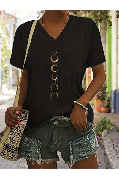 Deocept AY BASKILI KADIN OVERSİZE V YAKA T-SHIRT