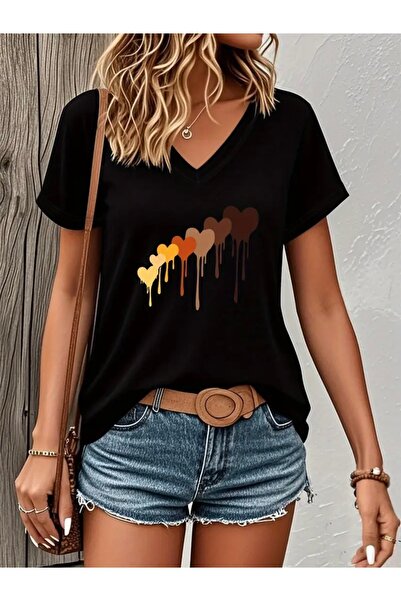 Deocept تي شيرت نسائي كبير الحجم برقبة على شكل حرف V مطبوع عليه قلوب ذائبة