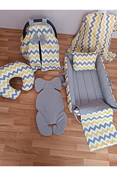 SARIYILDIZ BABYNEST Sarı Zikzak Düz Gri Kare Yataklı 7 Parça Babynest Seti