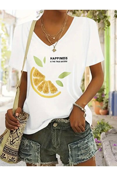 Deocept تي شيرت نسائي كبير الحجم برقبة على شكل حرف V مطبوع عليه LEMON HAPPINESS