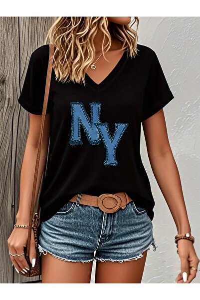 Deocept تي شيرت نسائي كبير الحجم برقبة على شكل حرف V مطبوع من DENİM NY