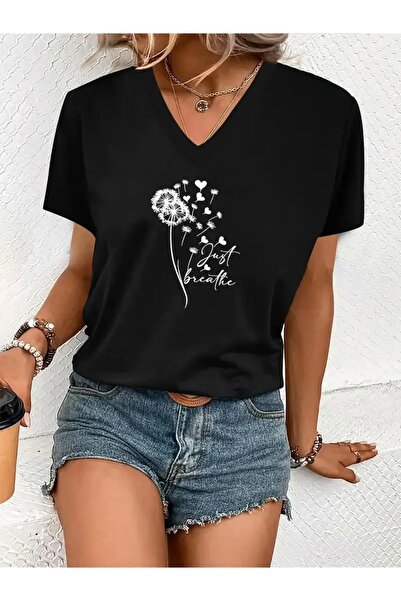 Deocept تي شيرت نسائي كبير الحجم برقبة على شكل حرف V مطبوع عليه JUST BREATHE