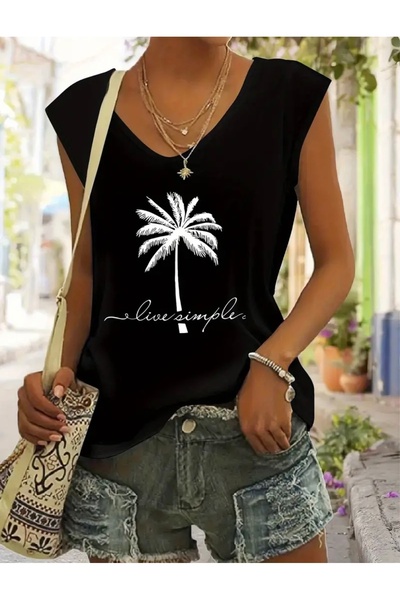 Deocept Palm Printed Women's Sleeveless T-Shirt