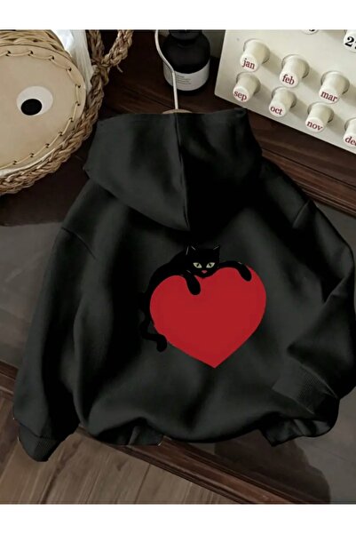 Deocept سويت شيرت بقلنسوة مطبوع عليه قلب وقطة سوداء للجنسين للنساء/الرجال