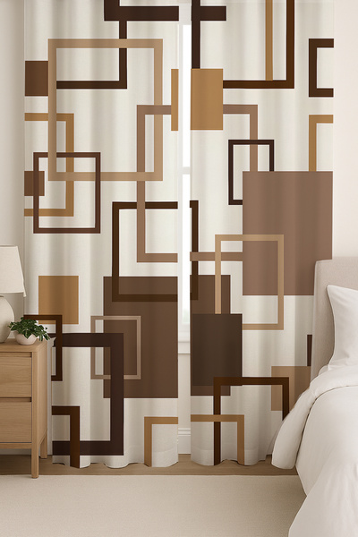 Else Dekor Brown Geometric Square Patterned Double Winged Backdrop Curtain Suede Living Room Hall Kitchen 140X260Cm