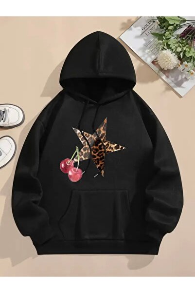 Deocept سويت شيرت بقلنسوة للنساء للجنسين مطبوع عليه نجوم الفهد والكرز