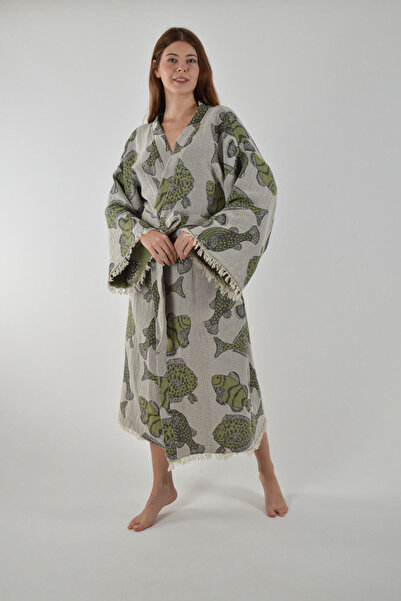 CASPARA Green Fish Patterned I Jacquard Cotton Peshtemal Bathrobe I Beach Green Fish Pattern Kimono Kaftan