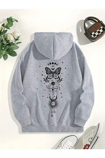 Deocept سويت شيرت بقلنسوة كبير الحجم للجنسين مطبوع عليه فراشة وقمر