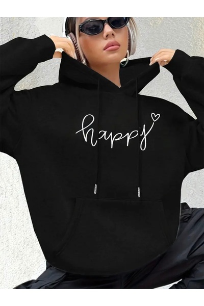 mercoledi Hanorac UNISEX SUPRA-MEGLIMBĂ CU CAPĂ CU PRINT HAPPY