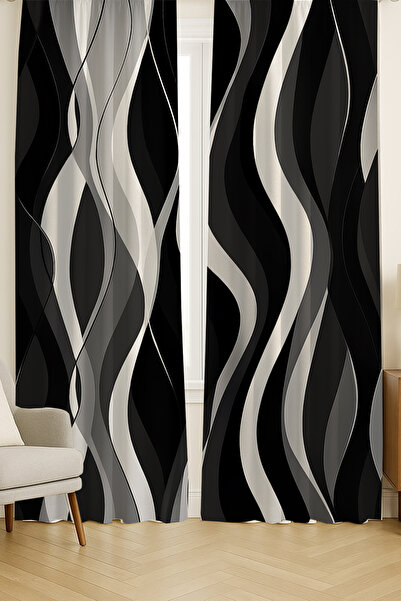 Else Dekor Μαύρο γκρι κυματιστό μοτίβο με διπλό φύλλο φόντου κουρτίνα σουέτ Σαλόνι Σαλόνι Κουζίνα 140x260cm