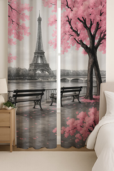 Else Halı Paris Eyfel Kulesi Pembe Çiçekli Desenli Çift Kanatlı Fon Perde Süet Oturma Odası Salon Mutfak