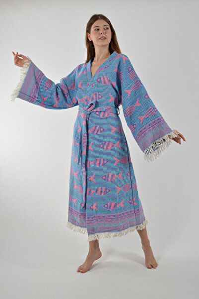 CASPARA Blue Fish Patterned I Jacquard Cotton Peshtemal Bathrobe I Beach Blue Fish Pattern Kimono Kaftan