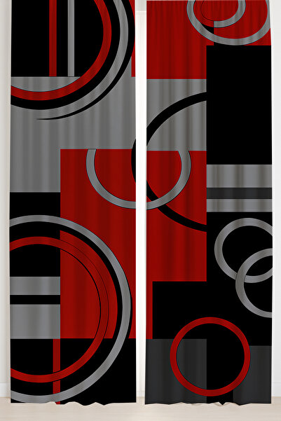 Else Dekor Κόκκινο Μαύρο Γκρι Γεωμετρικό Σχέδιο Διπλό Φόντο Κουρτίνα Σουέτ Σαλόνι Σαλόνι Κουζίνα 140x260cm