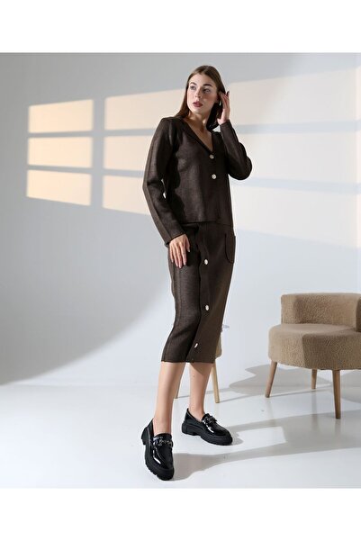 REDMİNA fashion Button Detailed Stylish Skirted Knitwear Set
