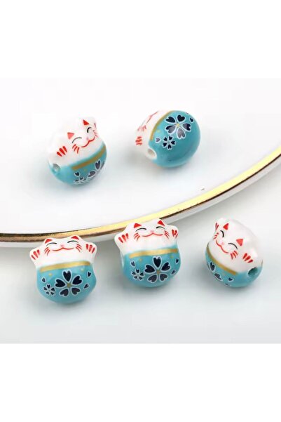 yiğit aksesuar 3 Adet Mavi Maneki Neko Şanslı Kedi Seramik Boncuk Takı Süsleme Boncuğu
