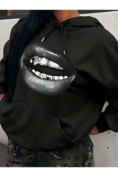 Deocept سويت شيرت بقلنسوة كبير الحجم للجنسين مطبوع عليه شفاه