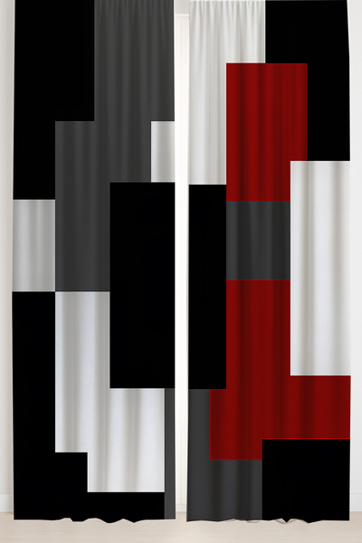 Else Dekor Κόκκινο μαύρο γκρι μπλοκ με γεωμετρικό σχέδιο με διπλό φύλλο φόντο κουρτίνα σουέτ Σαλόνι Σαλόνι Κουζίνα