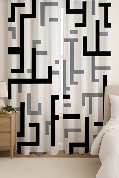 Else Dekor Μαύρο γκρι γεωμετρικό σχέδιο με διπλό φύλλο φόντου κουρτίνα σουέτ Σαλόνι Σαλόνι Κουζίνα 140x260cm