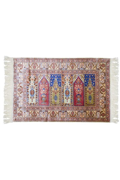 Handmade Hand-Woven Family Prayer Rug with Mihrab Design in Pure Silk, Kayseri Carpet 72X109 cm (0.79 m²)