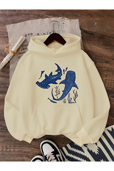 mercoledi SALOPETĂ UNISEX OVERSIZE CU GLUGĂ CU IMprimare PEște ALBASTRU