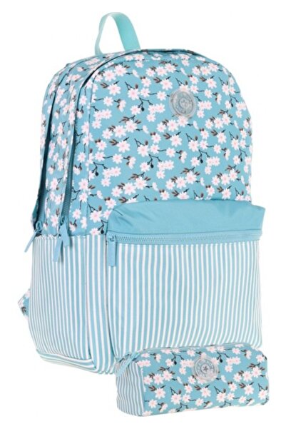 KAUKKO Soft Floral Flower and Line Pattern Turquoise Girl's School Bag and Pen Holder School Set
