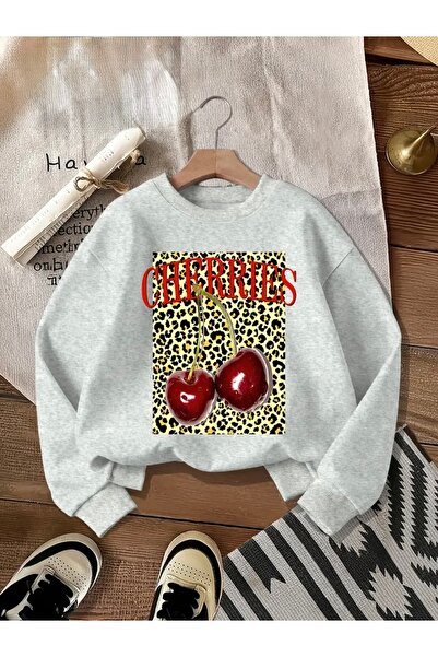 Deocept سويت شيرت برقبة دائرية للجنسين للنساء/الرجال مطبوع عليه CHERRIES LEOPARD
