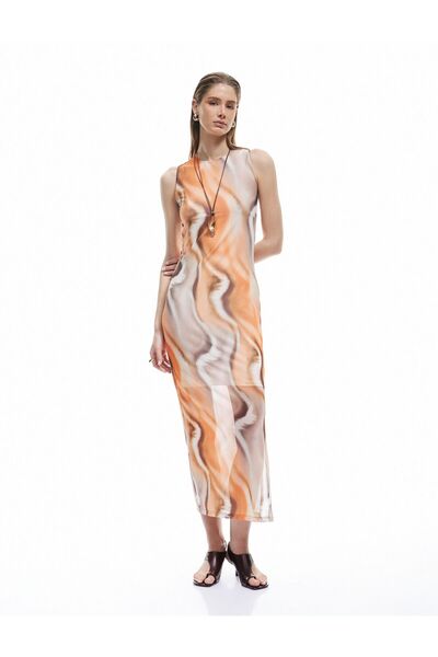 Koton X Sima Tarkan - Half-Lined Patterned Crew Neck Sleeveless Midi Tulle Dress