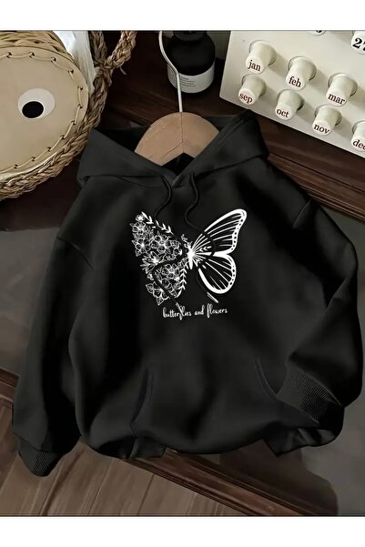 Deocept Flowered Butterfly Printed Oversize Unisex Hooded Sweatshirt