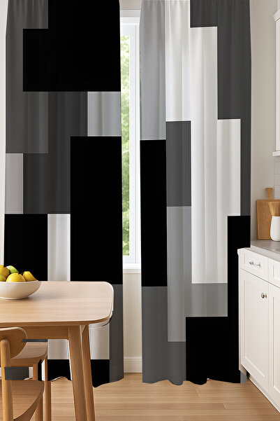 Else Dekor Μαύρο γκρι μπλοκ με γεωμετρικό σχέδιο με διπλό φύλλο φόντου κουρτίνα σουέτ Σαλόνι Σαλόνι Κουζίνα 140x260cm