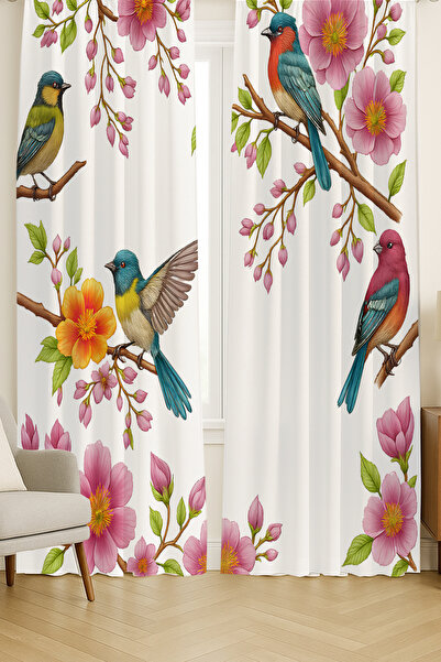 Else Dekor Ανοιξιάτικο θέμα με πολύχρωμα λουλούδια πουλιών με μοτίβο με διπλά φτερά σκηνικό κουρτίνα σουέτ Σαλόνι Σαλόνι Κουζίνα