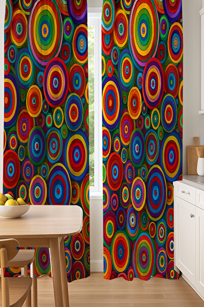 Else Dekor Colorful Retro Ring Patterned Double Winged Backdrop Curtain Suede Living Room Hall Kitchen 140X260Cm