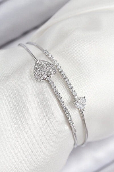 Clariss Brass Zircon Stone Heart Model Silver Color Women's Bracelet - Blk-0254