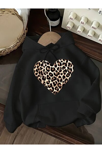 Deocept سويت شيرت بقلنسوة كبير الحجم للجنسين مطبوع عليه قلب الفهد