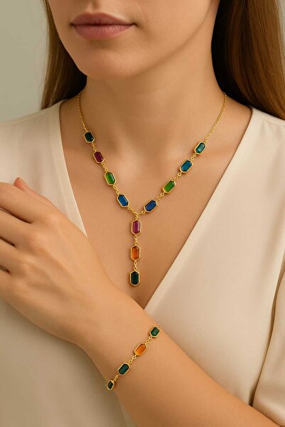 Ralp Moda مجموعة قلادة وسوار ملونة مرصعة بحجر الباجيت