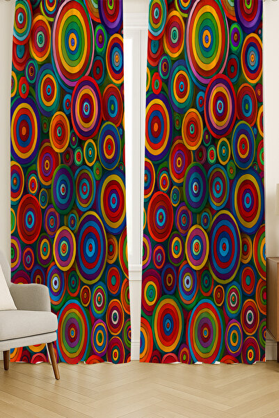 Else Dekor Colorful Retro Ring Patterned Double Winged Backdrop Curtain Suede Living Room Hall Kitchen 140X260Cm